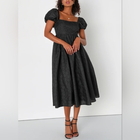 Lulus Adorable Mood Black Floral Jacquard Puff Sleeve Babydoll Dress Size M - Picture 2 of 13